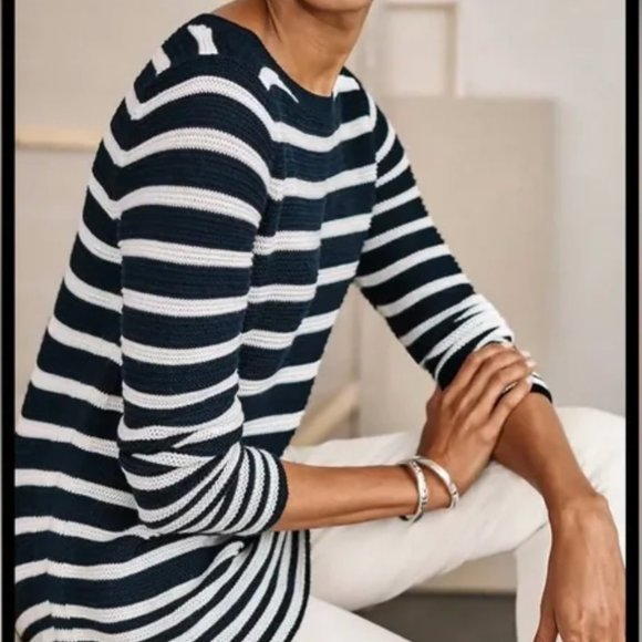 J. Jill Sweaters - J. Jill Knit Sweater Tunic Striped Navy White Boat Neck Size Small